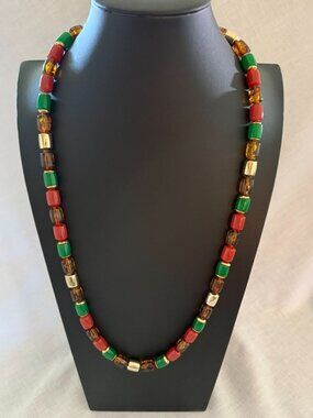 Vintage Style Beaded Necklace Red Green Amber Lucite UV Reactive